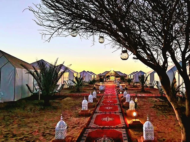 A pathway lined with lanterns leading through a desert luxury camp